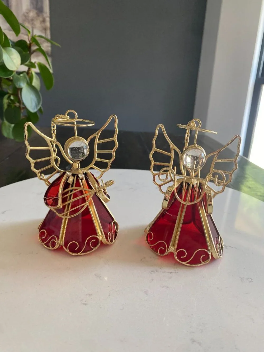 Vintage Brass Wire Angel Ornaments Set of 2 Red Glass Skirt Harp Christmas